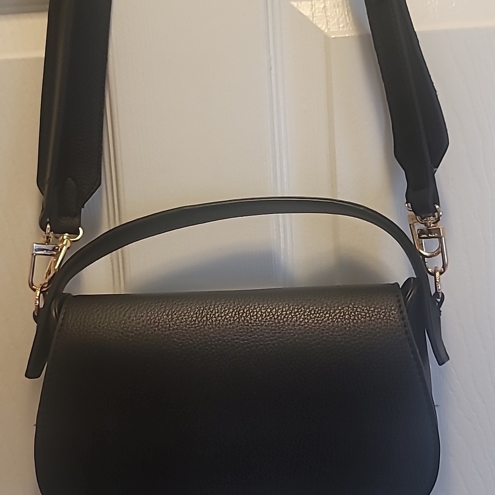 Anne Klein Black 3 Strap Small Saddle Bag Pebbled Faux Leather Crossbody - Picture 2 of 11